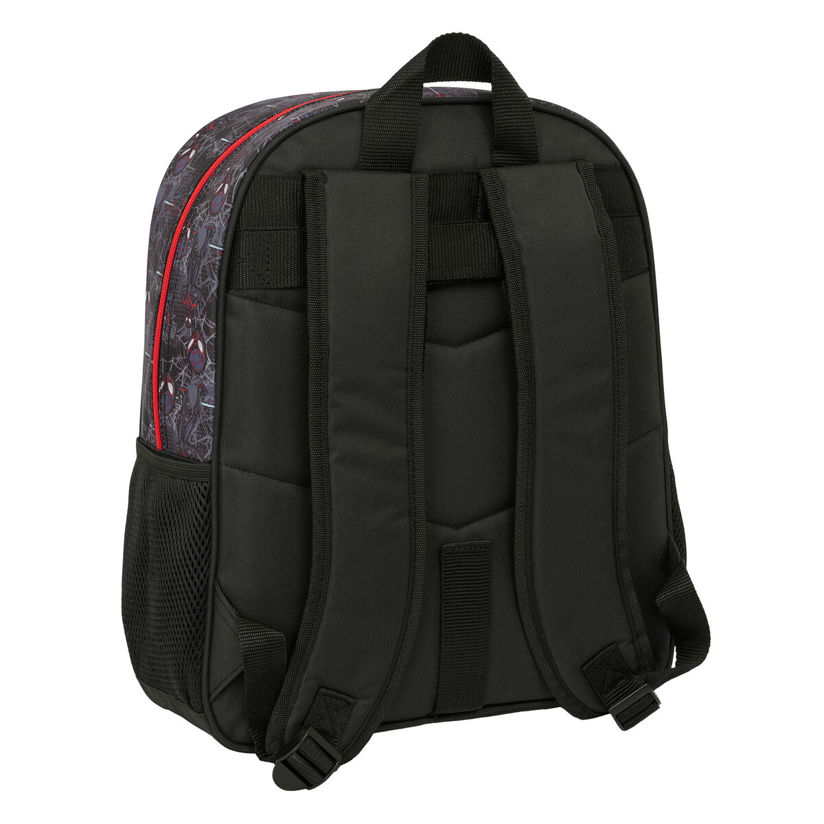 Zaino nero con fantasia Spiderman, accenti rossi e tasche laterali.