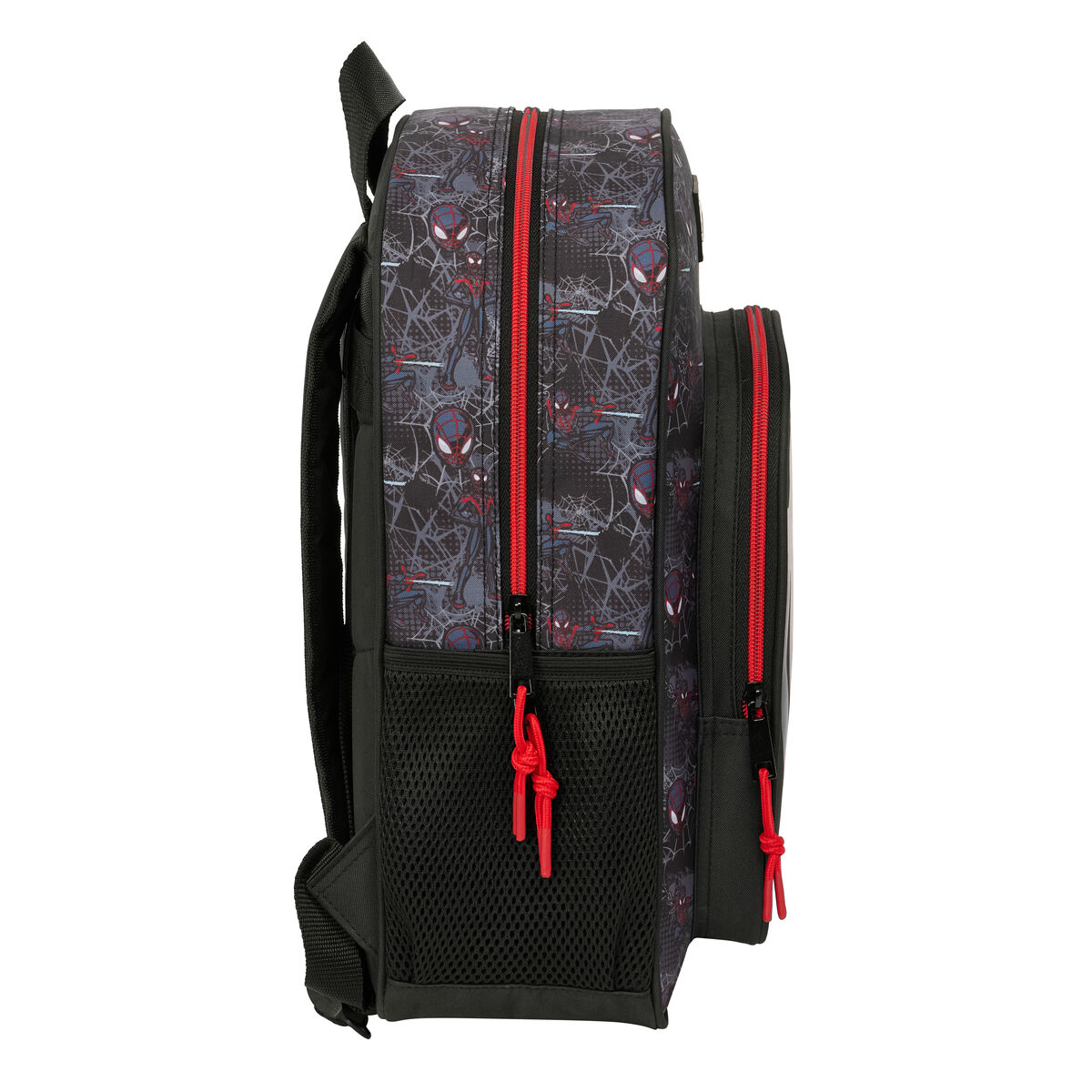Zaino nero con fantasia Spiderman e zip rosse.