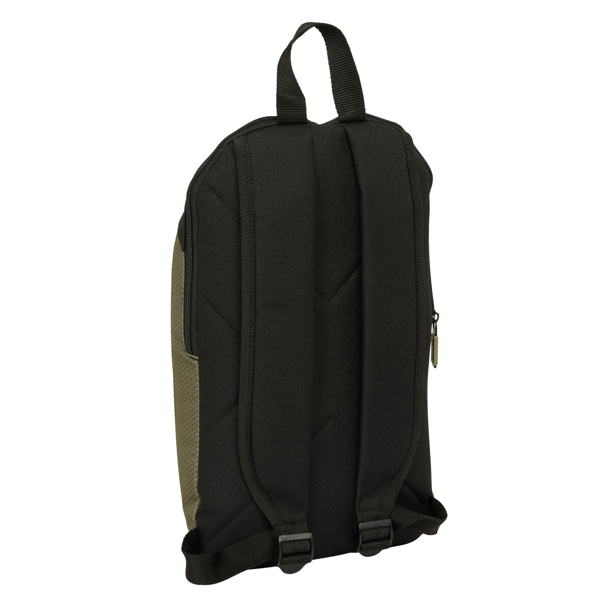 Schwarzer Rucksack mit olivgrüner Texturseite und Reißverschluss.