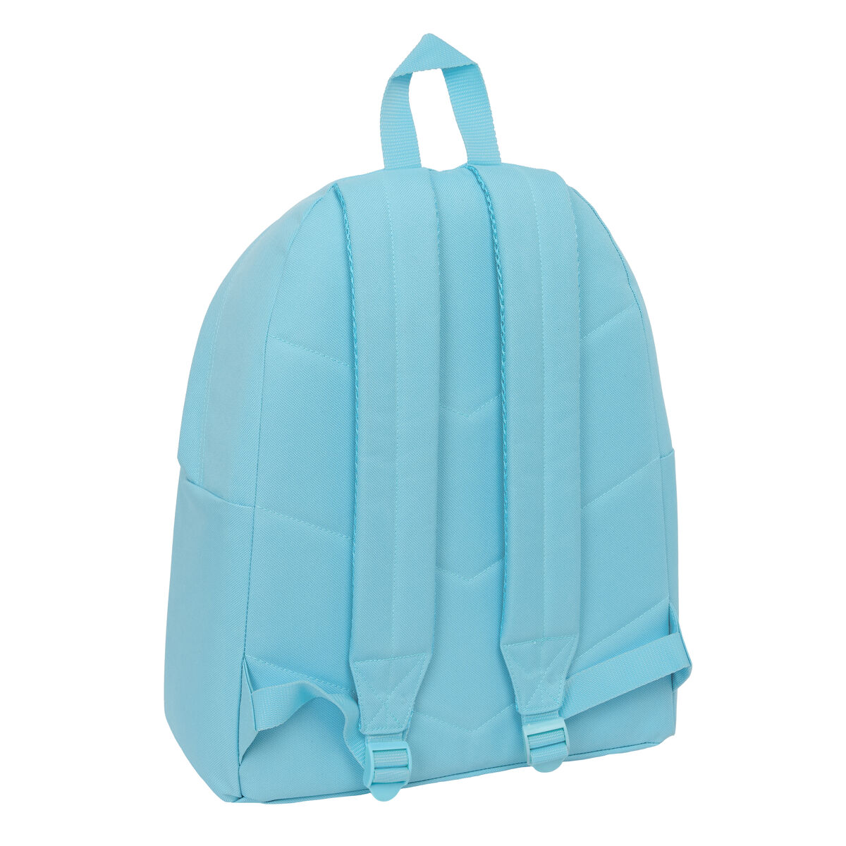 Hellblauer Rucksack mit zwei gepolsterten Schultergurten und einer Schlaufe oben.