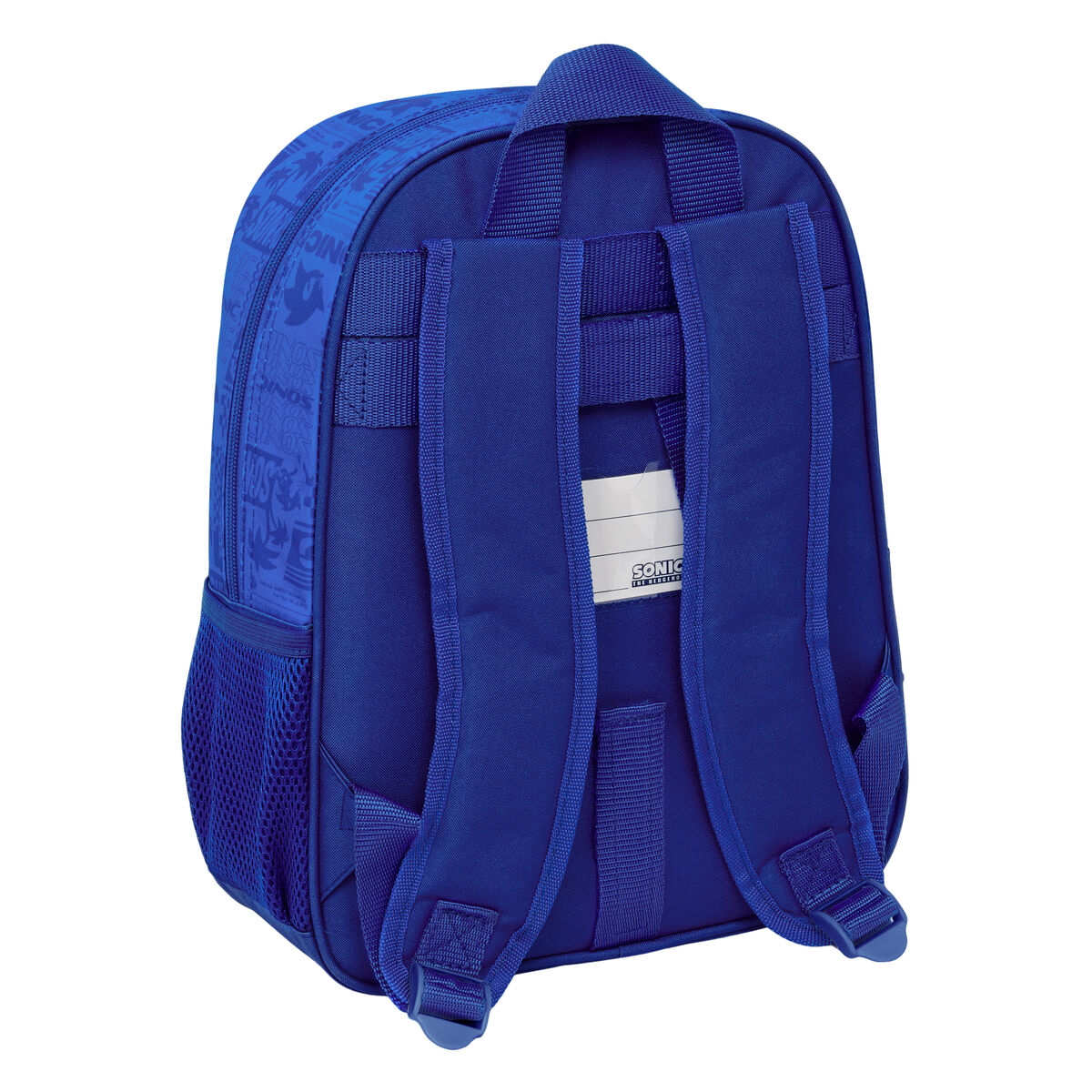Ein blauer Rucksack mit Sonic-Motiv und Netzseitentaschen.