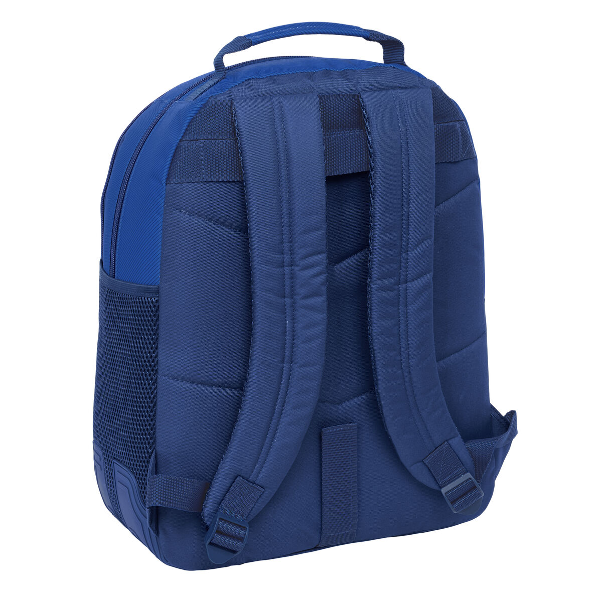 Dunkelblauer Rucksack mit gepolsterten Trägern und Netztasche. Rückansicht.