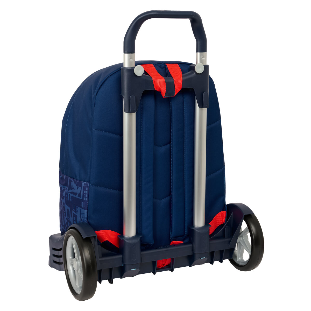 Ein dunkelblauer Rollkoffer-Rucksack mit silbernem Griff und roten Akzenten.