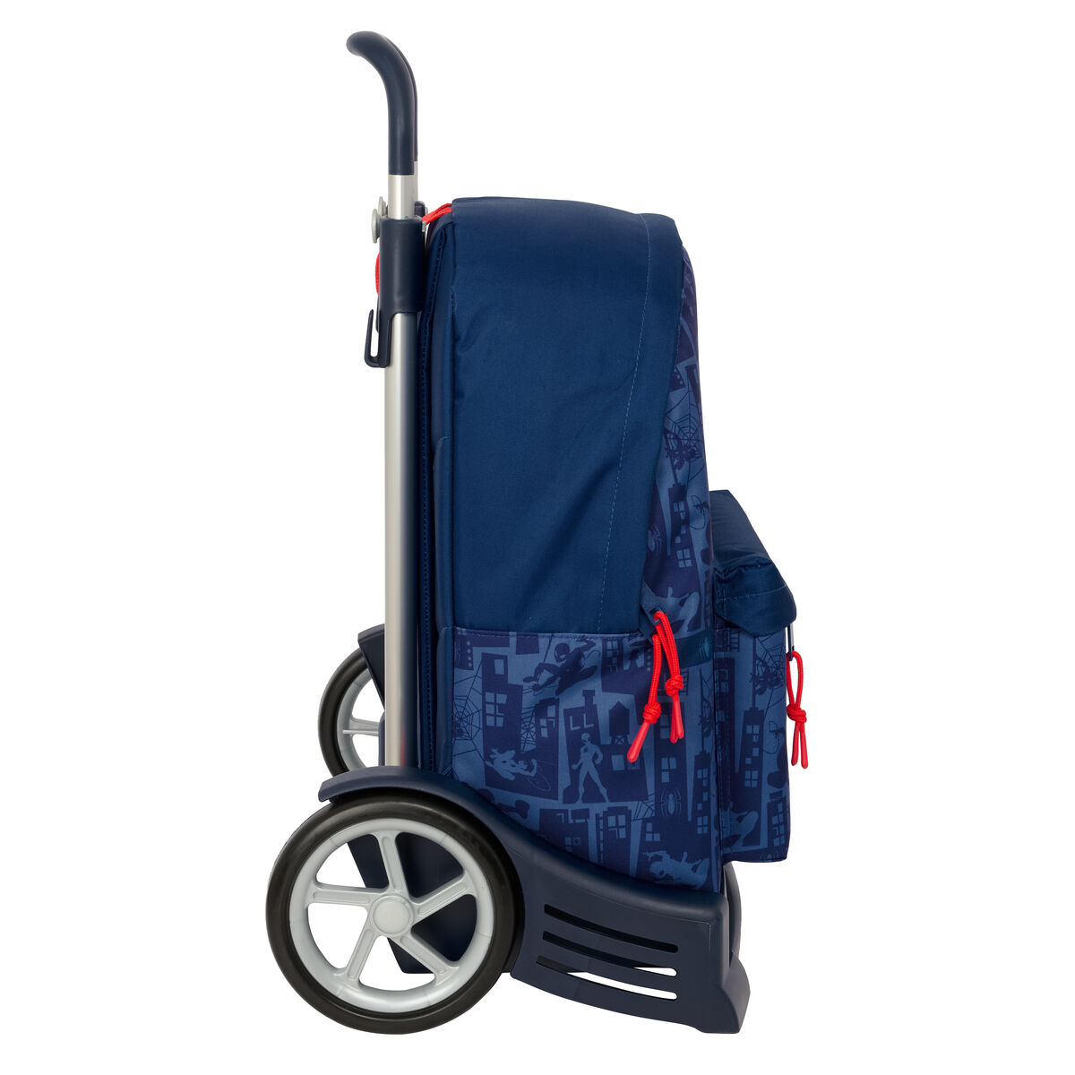 Ein blauer Rucksack mit Rädern, Stadt- und Superheldenmuster, roten Kordeln und silbernem Griff.