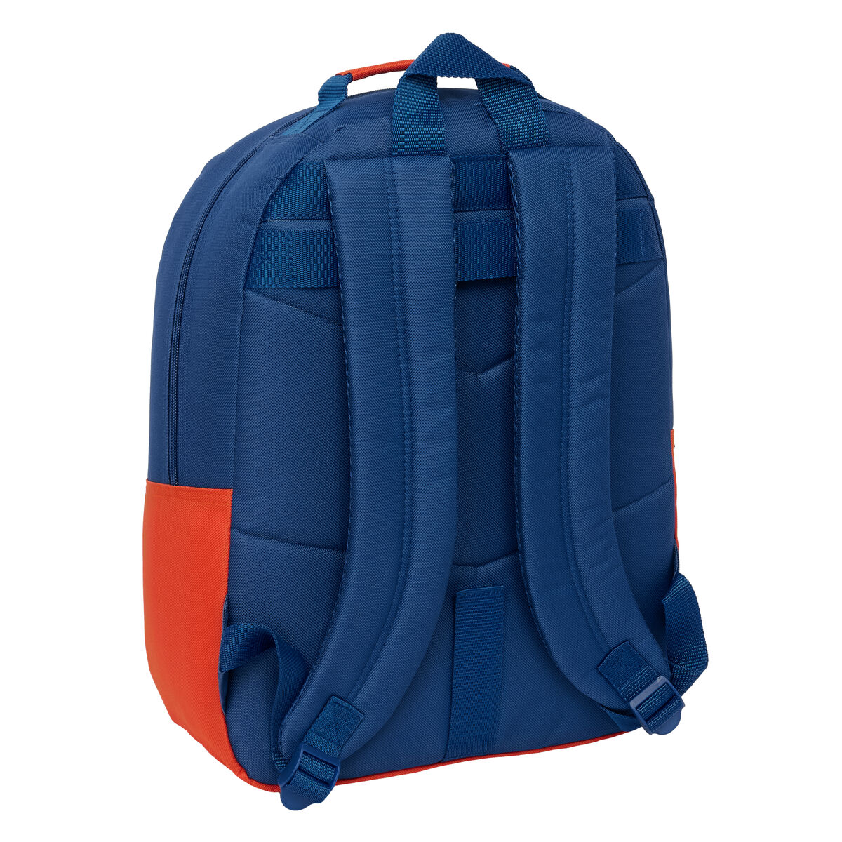 Vista posteriore di uno zaino blu navy con pannello arancione e cinghie.