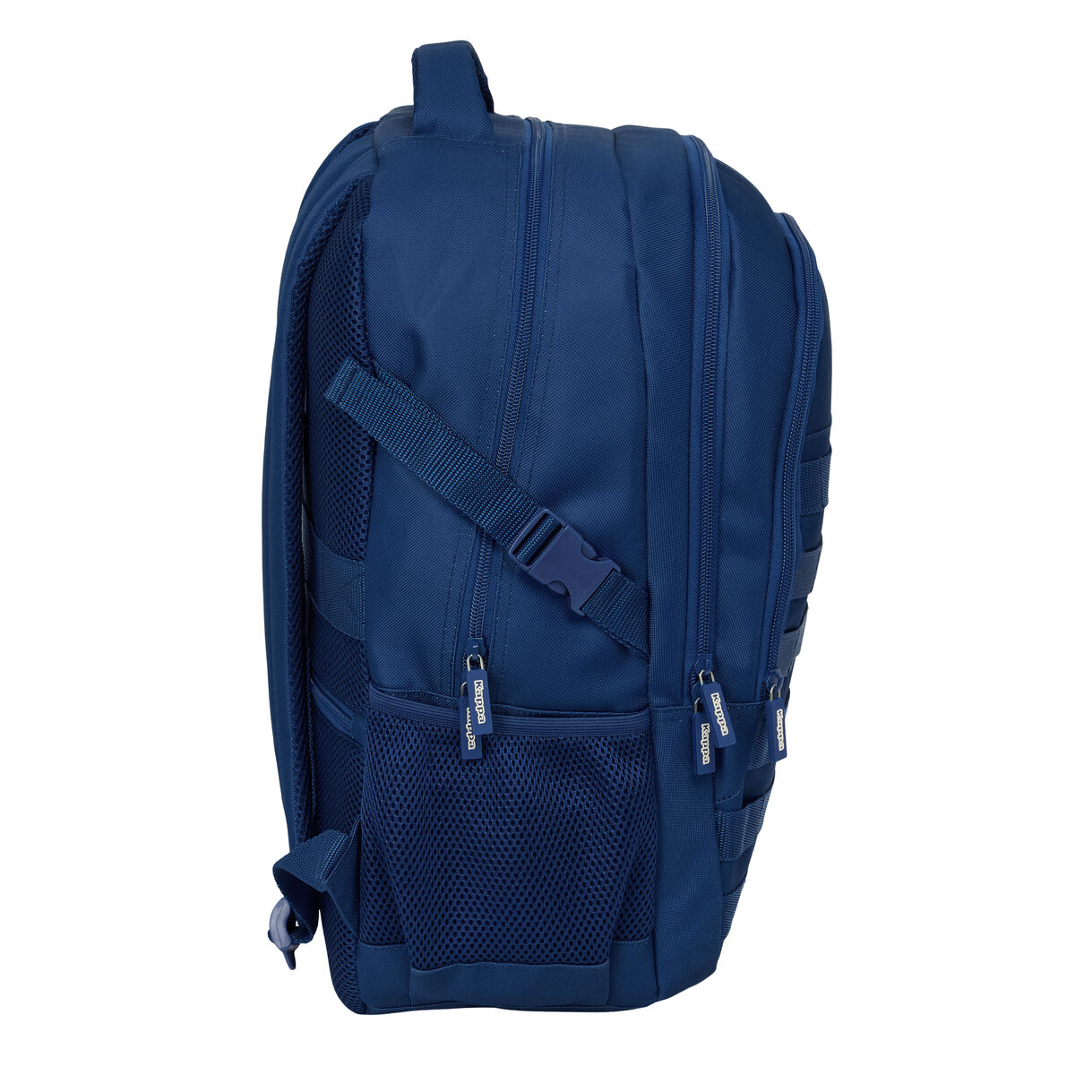 Dunkelblauer Rucksack mit Seitentaschen und Reißverschlüssen. Träger mit Schnalle.