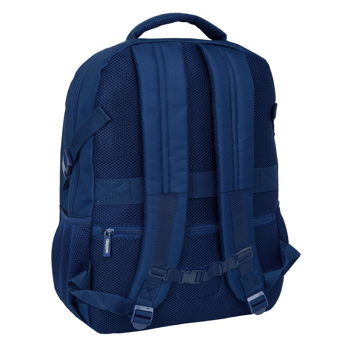 Dunkelblauer Rucksack mit gepolsterten Trägern, Mesh-Taschen und Reißverschluss.