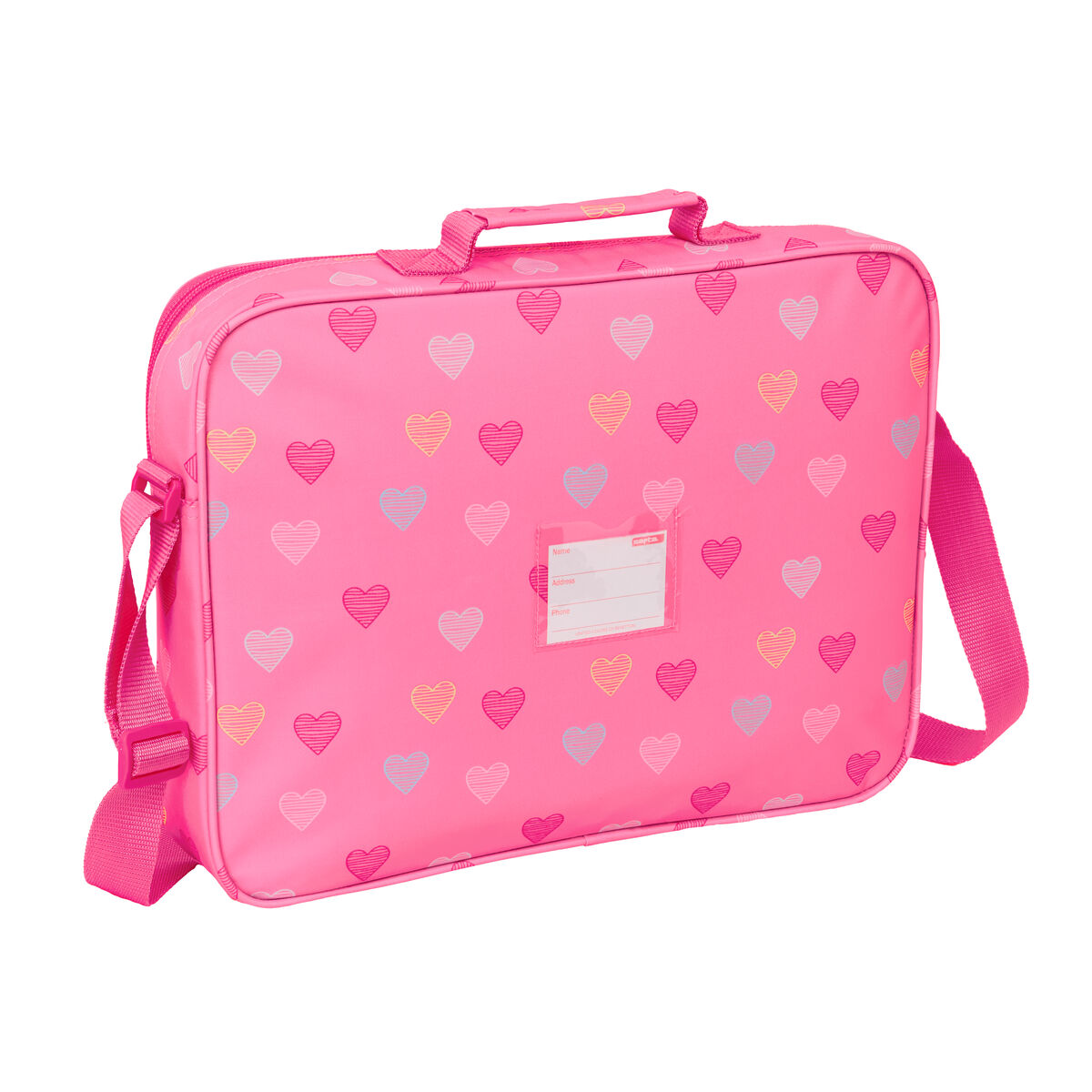 Eine pinke Tasche mit Herzen, Henkel und Tragegurt.