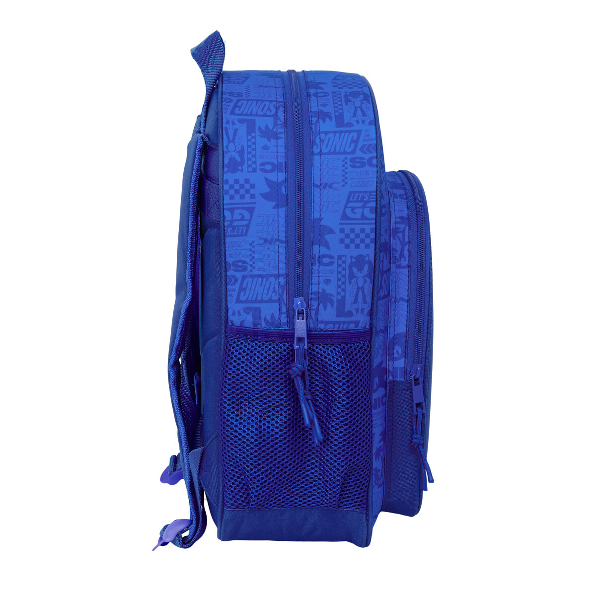 Uno zaino blu con stampa Sonic, con tasche laterali in rete e zip.