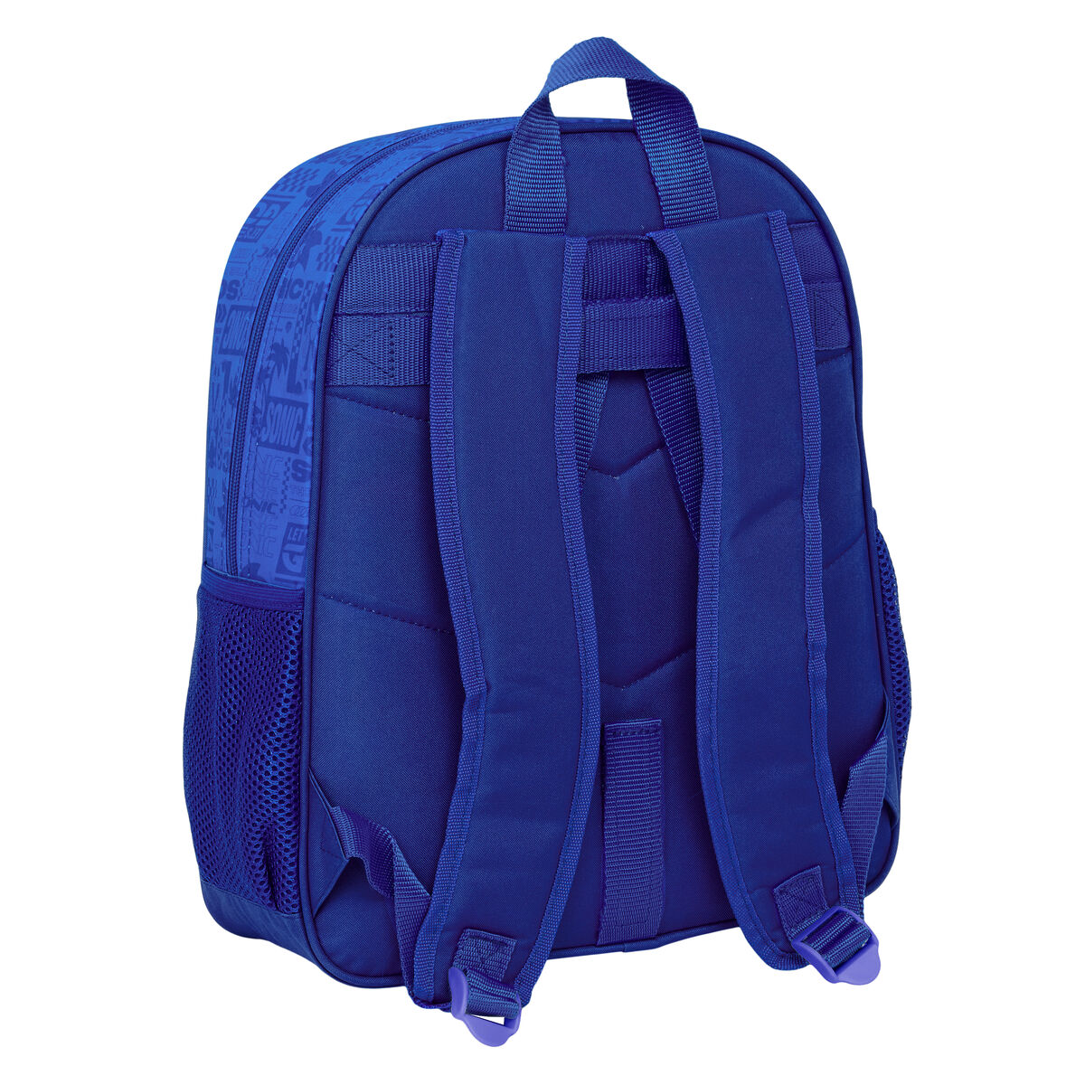 Uno zaino blu con motivo Sonic e tasche laterali in rete.