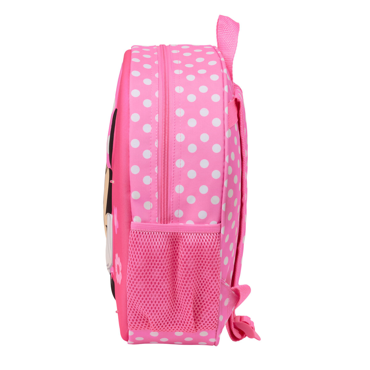 Ein pinker Rucksack mit weißen Tupfen und Minnie Maus-Motiv, mit Netztaschen.