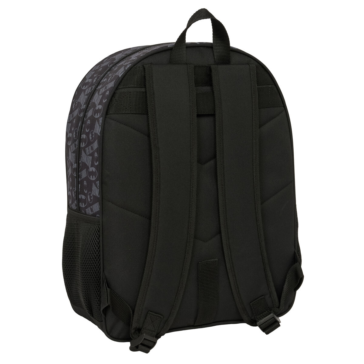 Schwarzer Rucksack mit Batman-Logo-Muster und Netzseitentaschen.