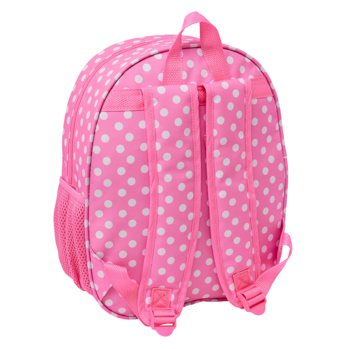 Ein kleiner rosa Rucksack mit weißen Punkten, mit verstellbaren Trägern.