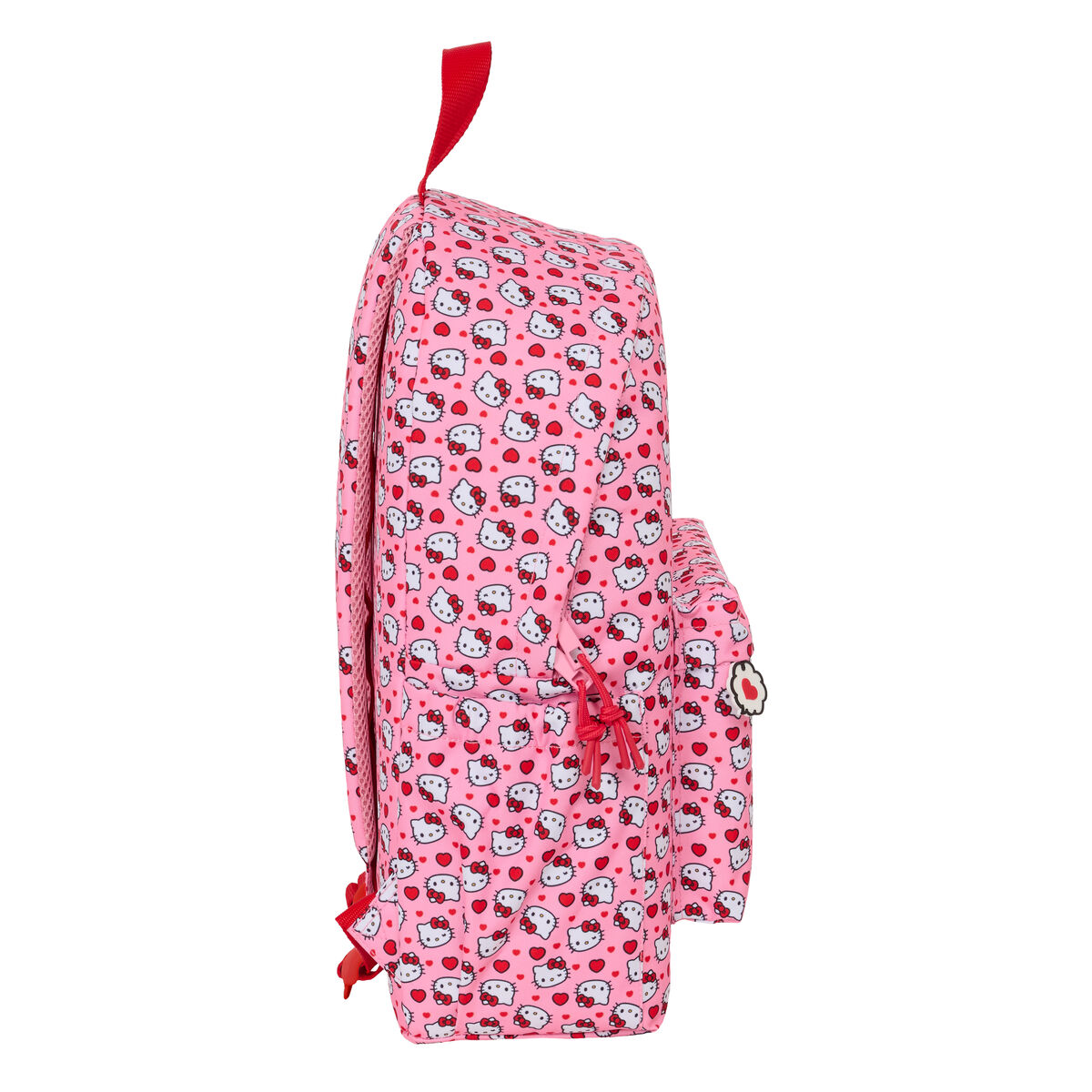 Ein rosa Rucksack mit Hello Kitty und Herzen.