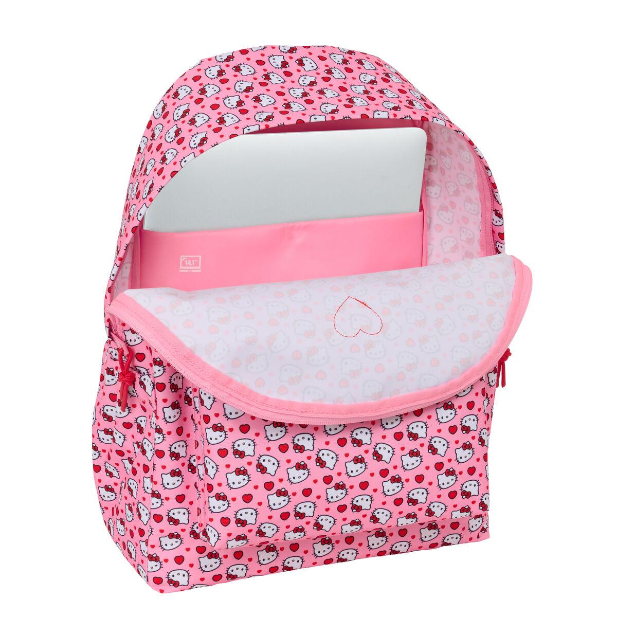 Rosa Rucksack mit Hello Kitty und Herzmuster, offen, mit Laptop und rosa Hülle darin.