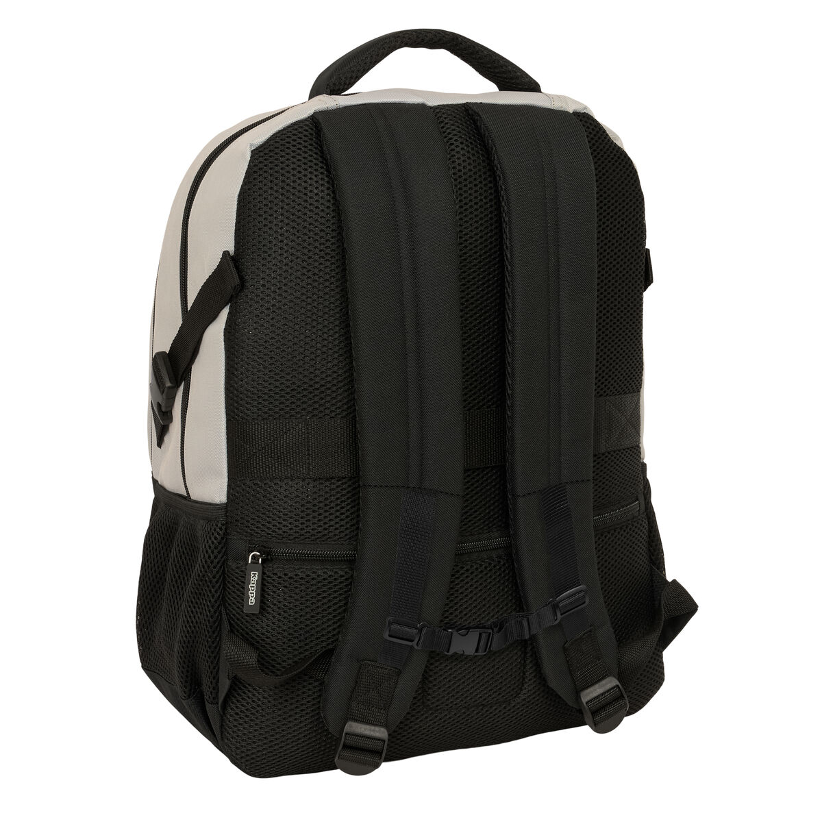 Rückansicht eines grauen und schwarzen Rucksacks mit gepolsterten Schultergurten.