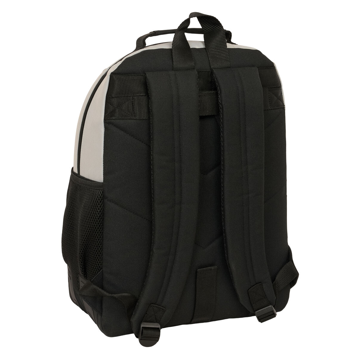 Rückansicht eines schwarzen und grauen Rucksacks mit Netztasche.