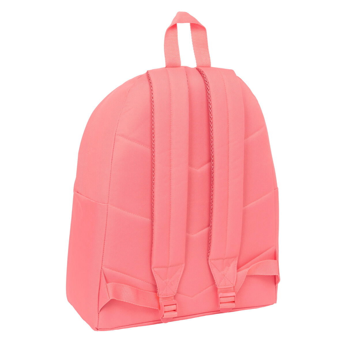 Ein pinker Rucksack mit gepolsterten Trägern und einer Schlaufe oben.