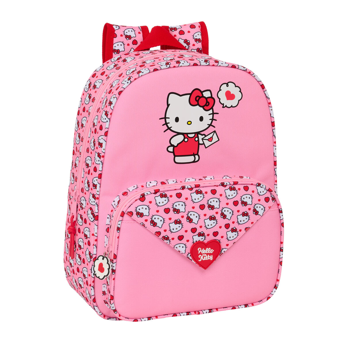 Rucksack in Pink mit Hello Kitty-Aufdruck, rote Schleifen an den Trägern.