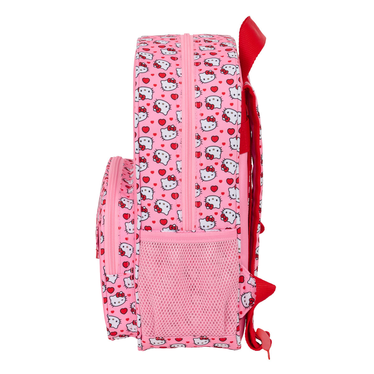 Pinker Rucksack mit Hello Kitty-Aufdruck und roten Trägern. Netzfächer vorne.