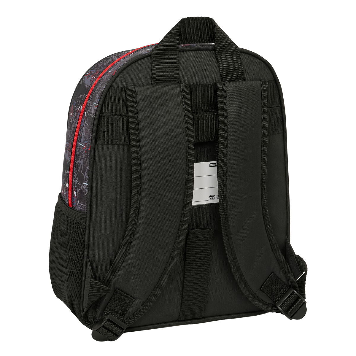 Schwarzer Rucksack mit Spiderman-Muster und roter Paspel, mit Netzseite und Namensschild.