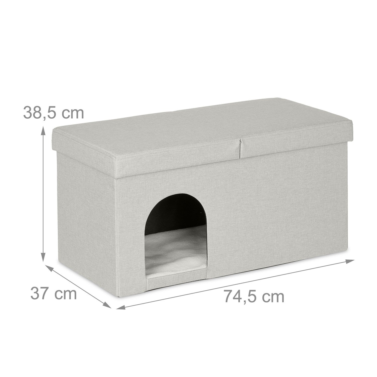 Casa gris para mascotas con puerta arqueada, medidas: 74,5x37x38,5 cm.