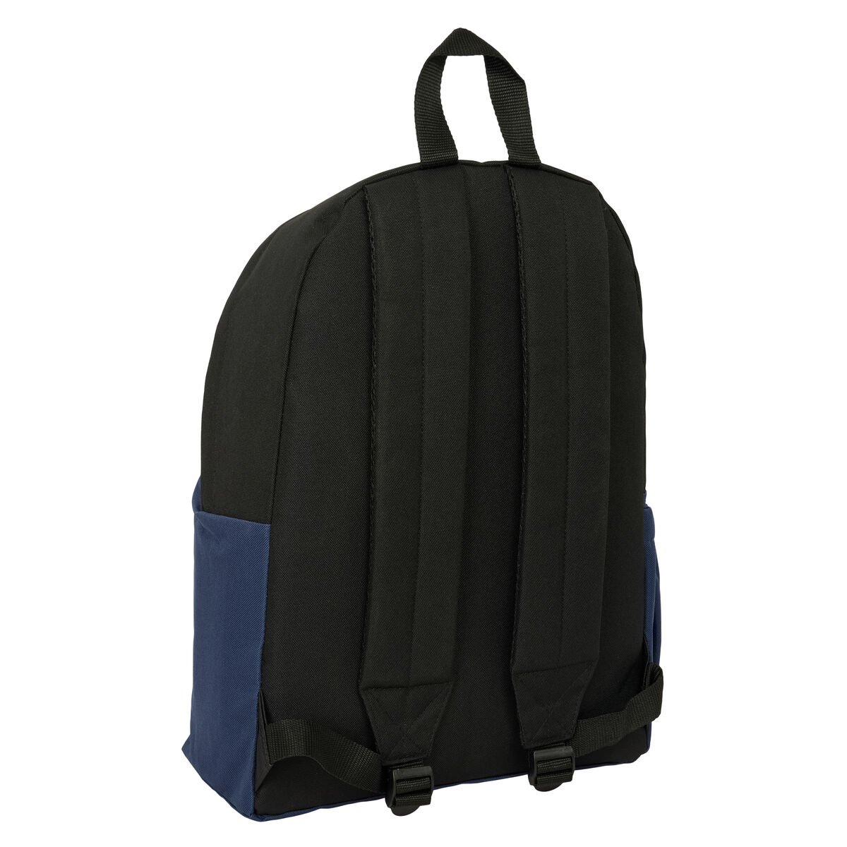 Ein schwarzer Rucksack mit blauen Seiten, gepolsterten Trägern und Aufhängeschlaufe.