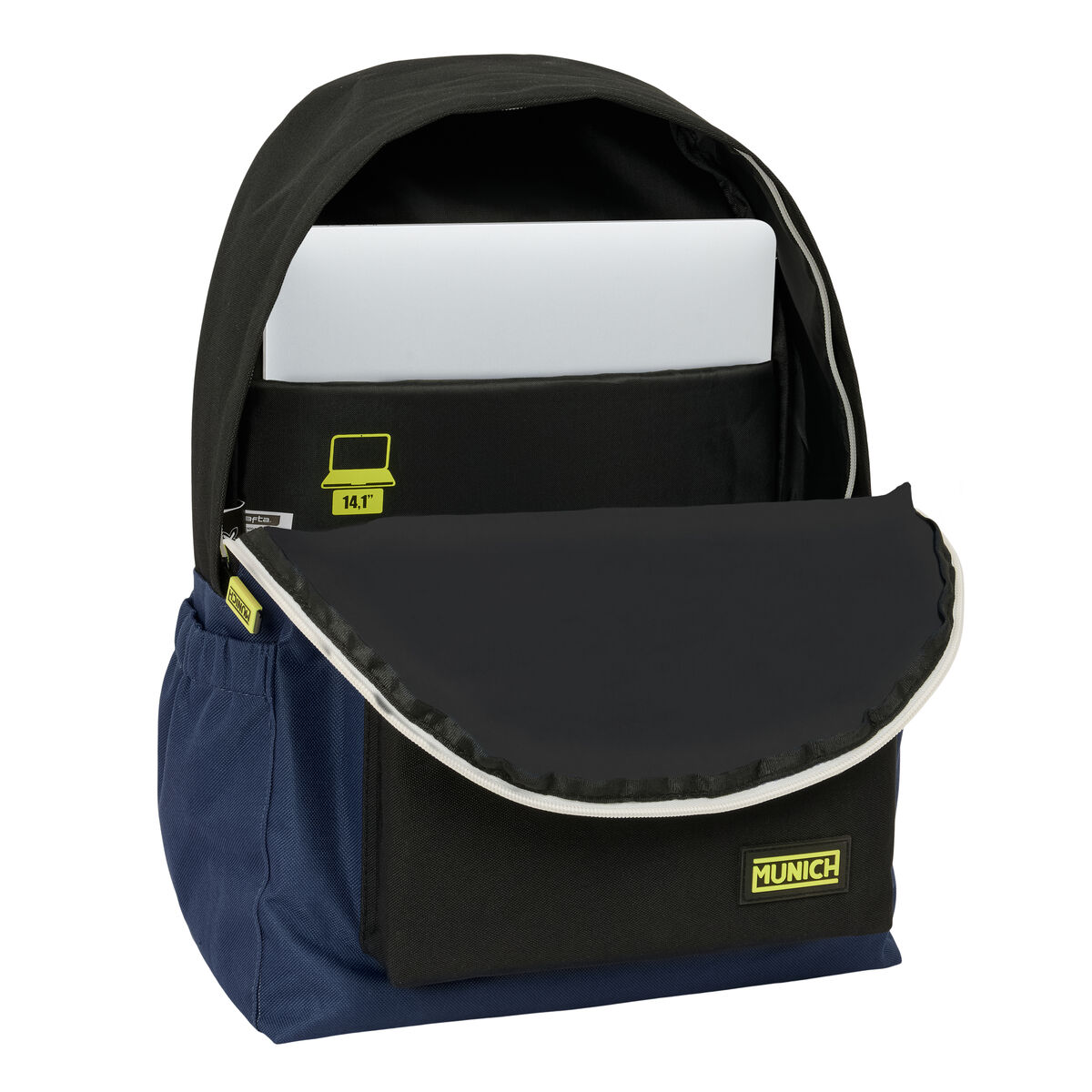 Ein schwarzer Rucksack mit Laptopfach, Laptop, blauem Boden und Seitentaschen.
