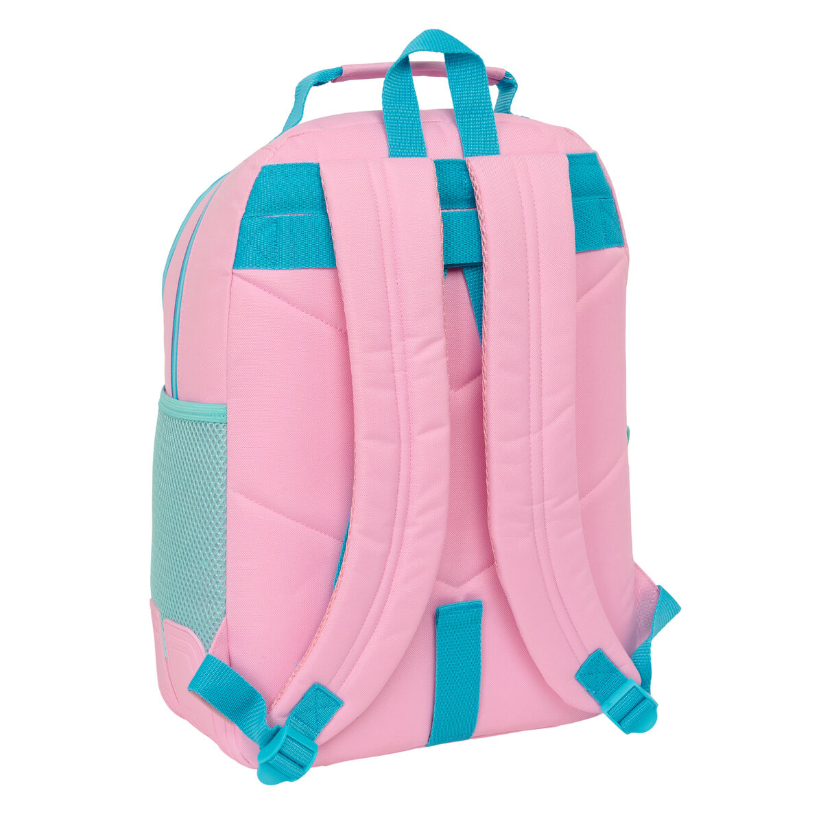 Ein rosa Rucksack mit türkisfarbenen Akzenten und Netztaschen an den Seiten.