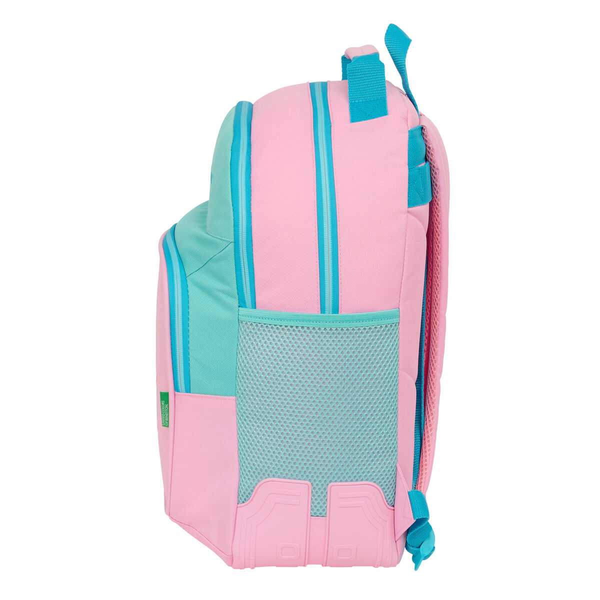 Ein pinker Rucksack mit türkisfarbenen Akzenten und einer Netzaußentasche.