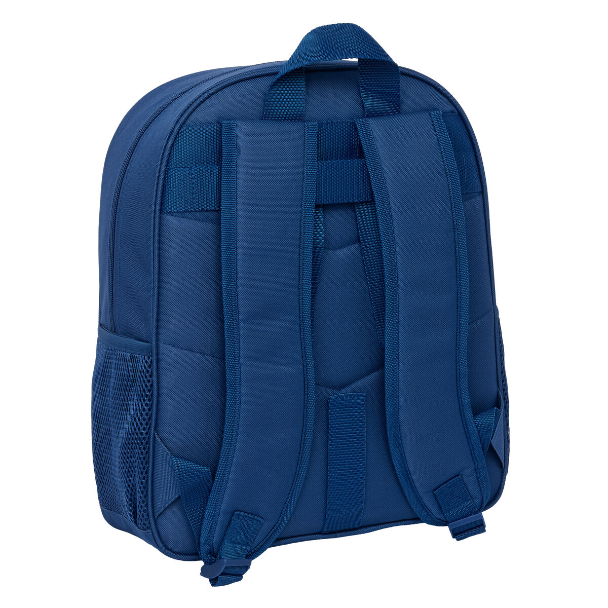 Vista posteriore di uno zaino blu scuro con spallacci imbottiti e tasche laterali in rete.