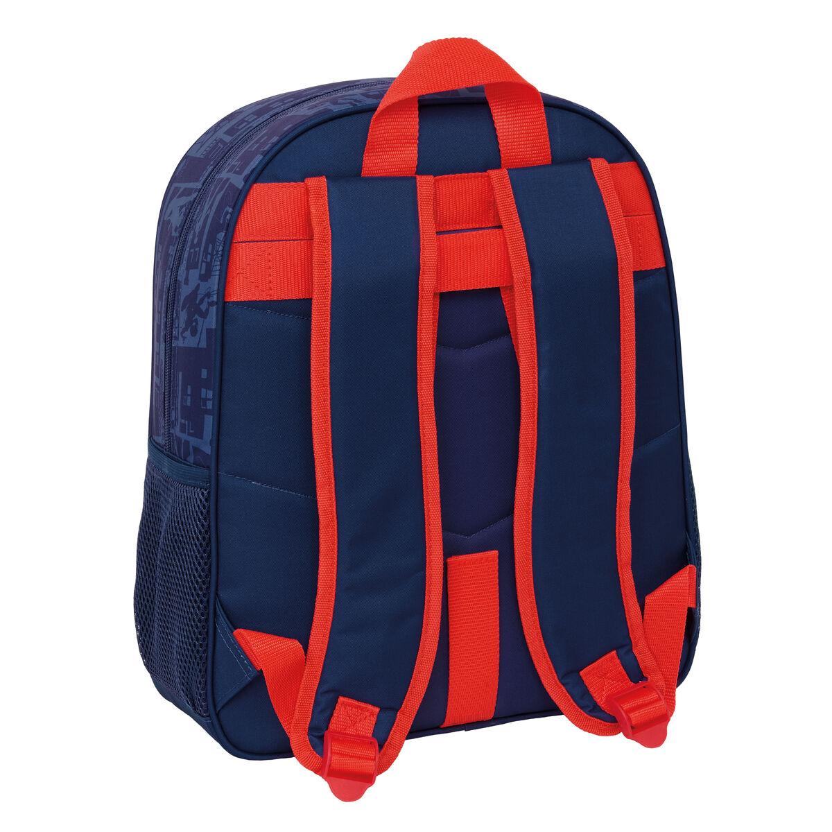 Dunkelblauer Rucksack mit roten Trägern und einem Muster aus Gebäuden.
