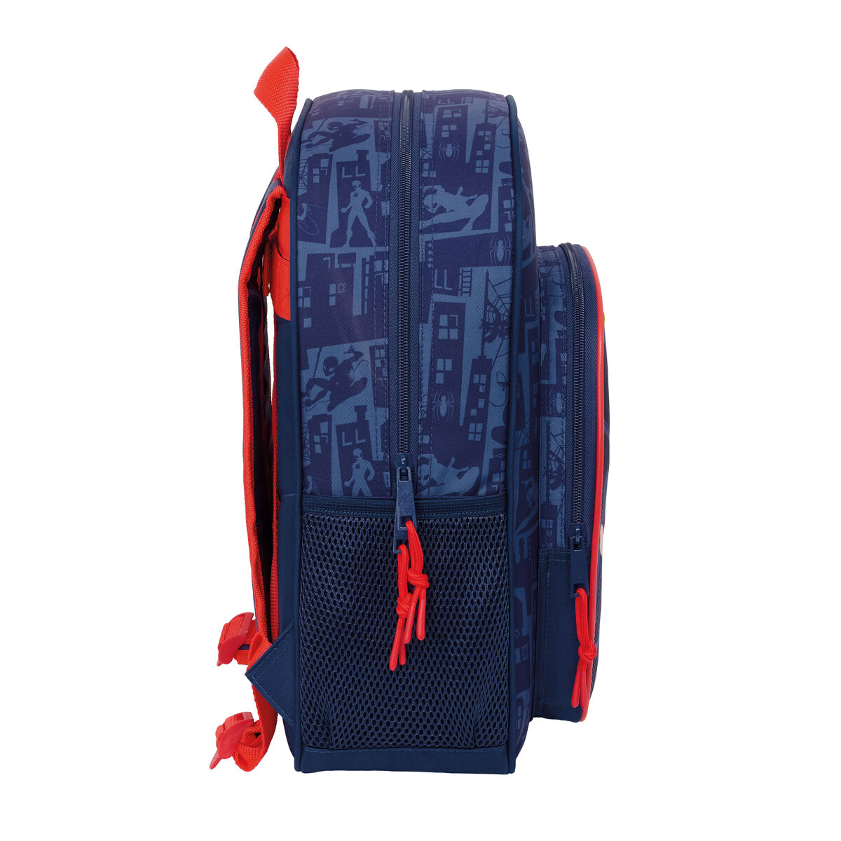Ein dunkelblauer Rucksack mit Spiderman-Motiv und roten Akzenten.
