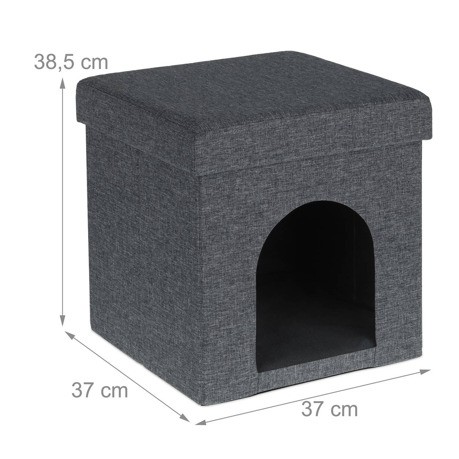 Casa gris para mascotas cúbica con puerta arqueada y dimensiones.