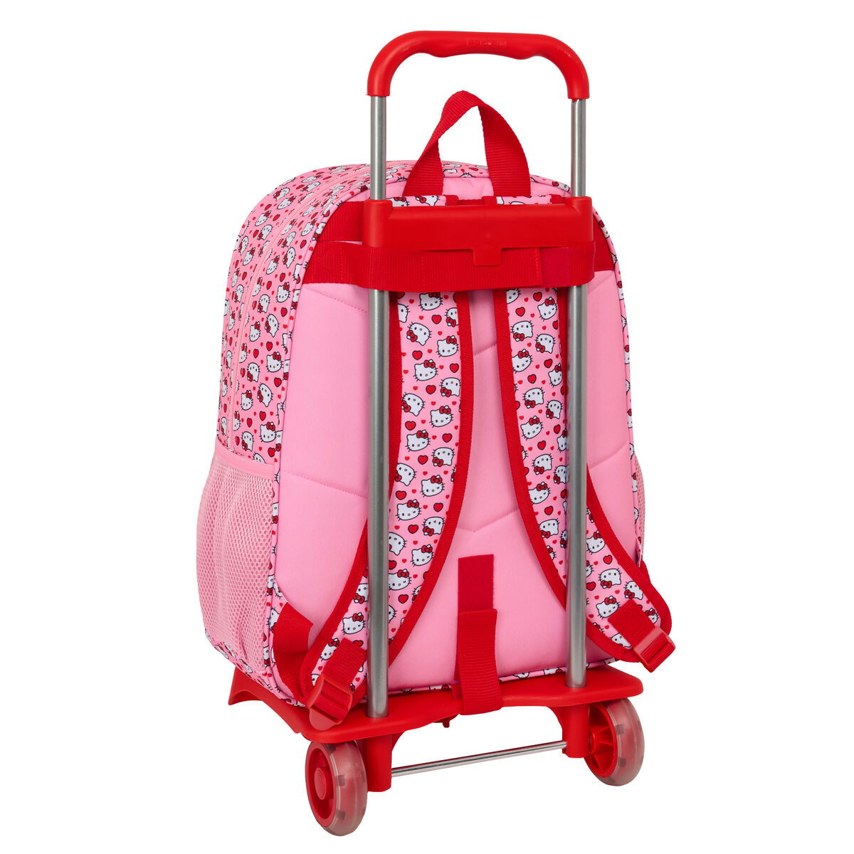 Ein pinker Rollkoffer mit Hello Kitty Motiv und roten Trägern.