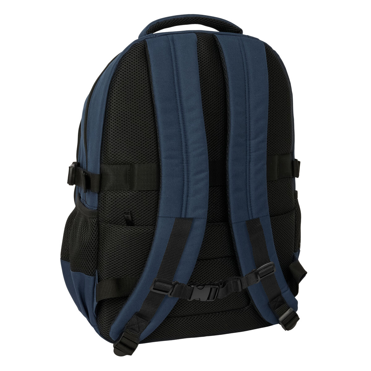 Dunkelblauer Rucksack mit gepolsterten Gurten und Netzrücken.