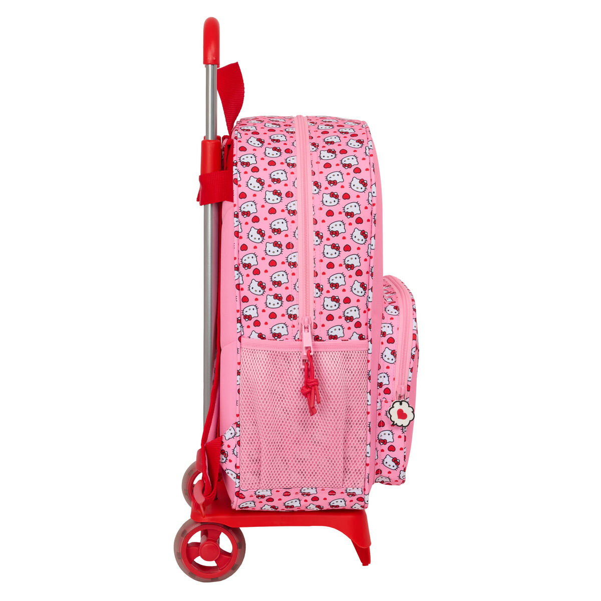 Rosa Hello Kitty Rollkoffer mit roten Rädern und Griff. Muster mit Hello Kitty Gesichtern.