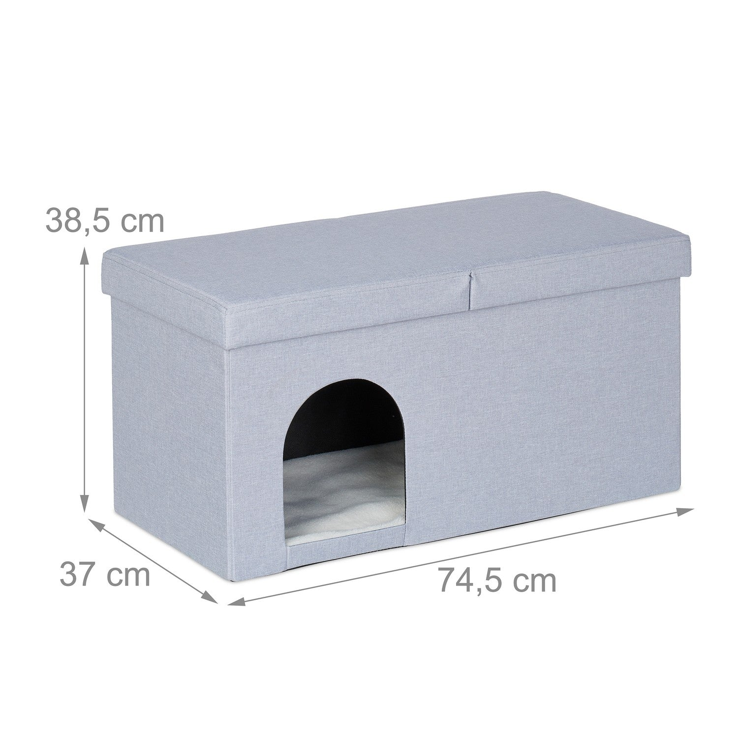 Caja de tela gris con entrada y cojín interior, medidas 74,5x37x38,5 cm.