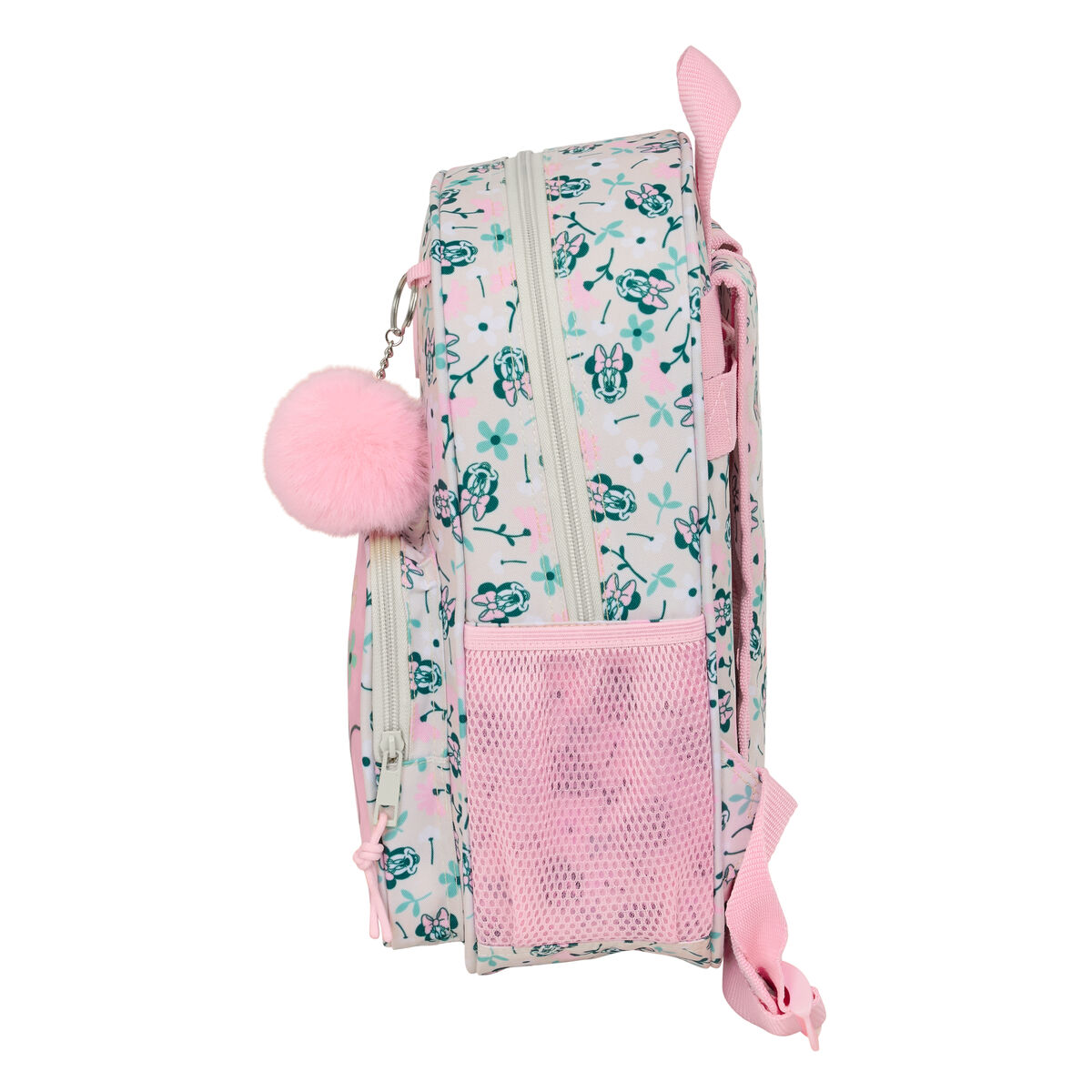 Una mochila con estampado floral y motivo de Minnie Mouse, con detalles rosas.