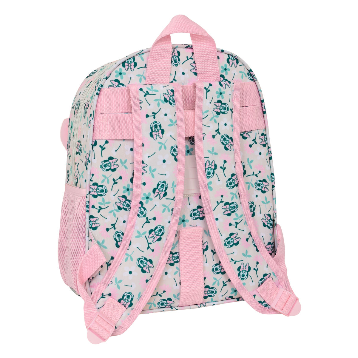 Una mochila con estampado floral y Minnie Mouse, con tirantes y detalles rosas.