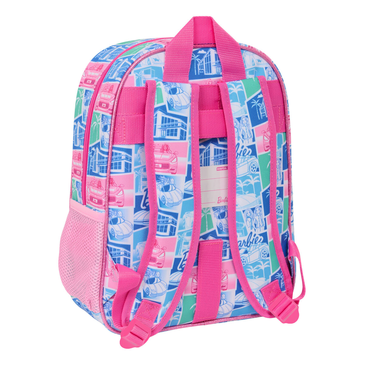 Rucksack mit Barbie-Muster: Autos, Häuser, Palmen. Pinke Träger.