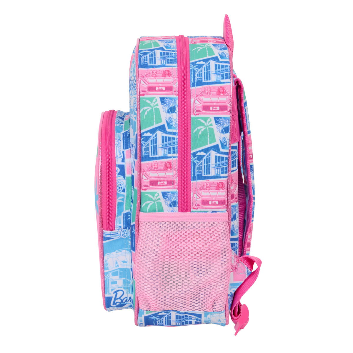Rucksack mit Barbie-Motiv: pinke Autos, Palmen und Häuser in Blau und Grün.