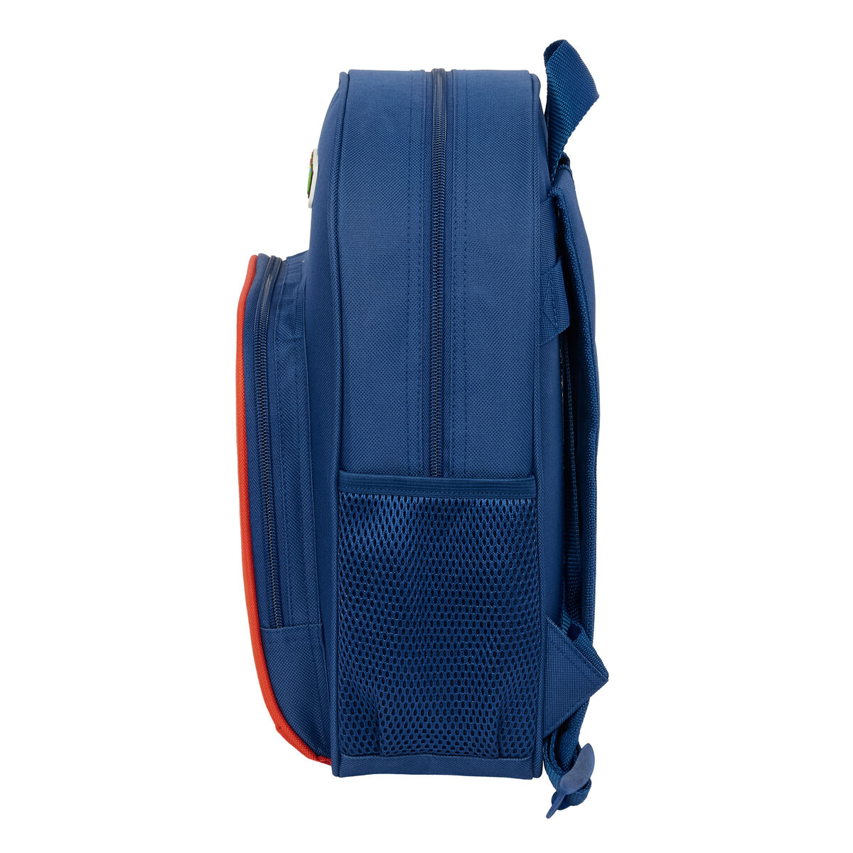 Blauer Rucksack mit seitlicher Netztasche und rotem Reißverschluss-Detail.