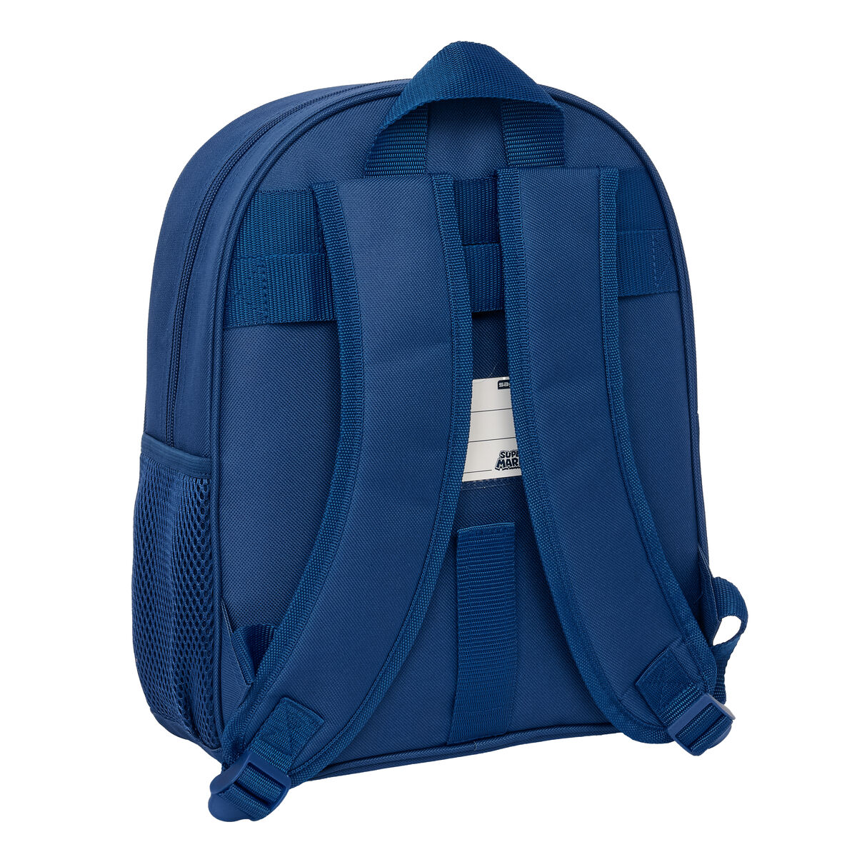 Ein blauer Rucksack mit verstellbaren Trägern und seitlicher Netztasche.