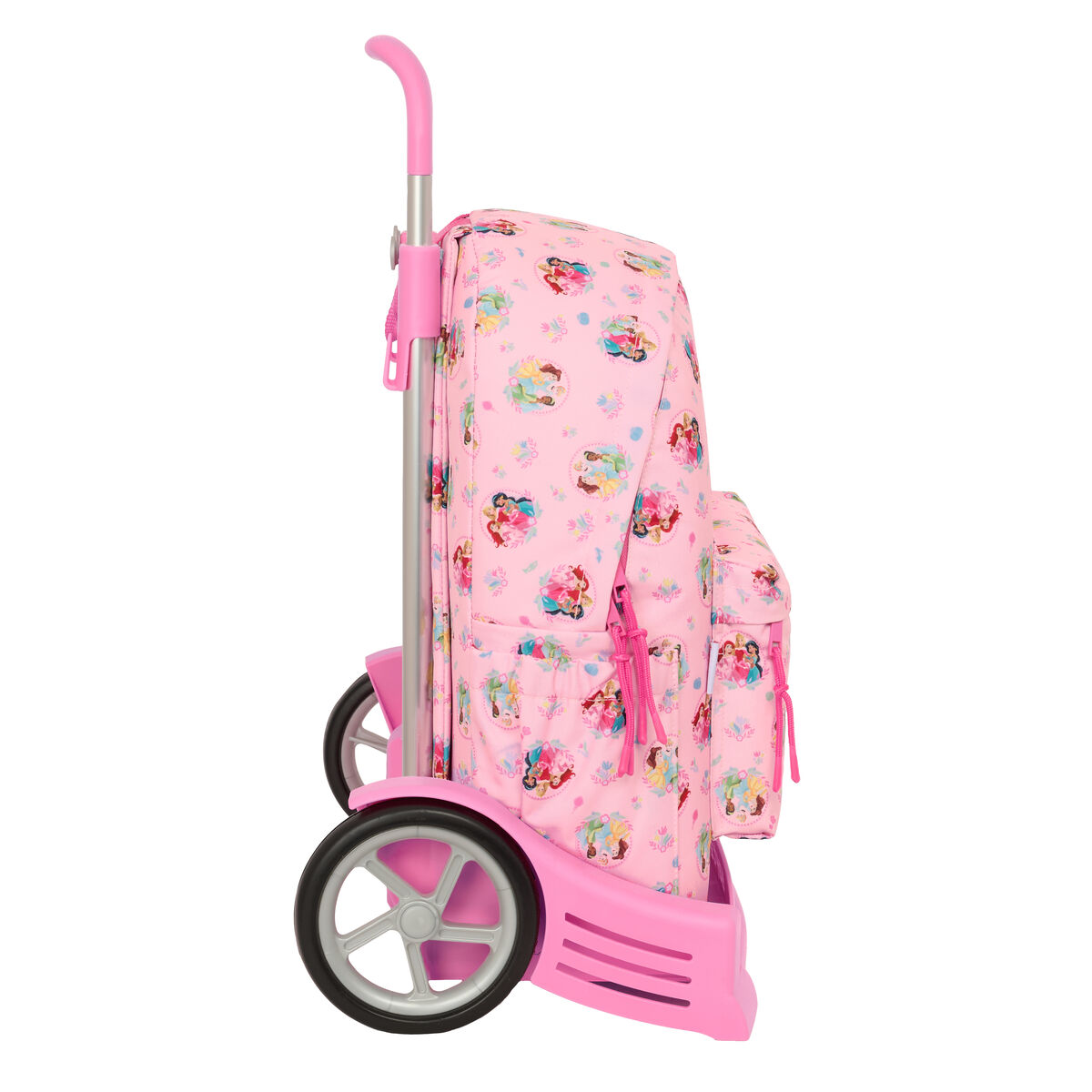 Ein rosa Rucksack mit Prinzessinnenmotiv, der auf zwei Rädern steht.