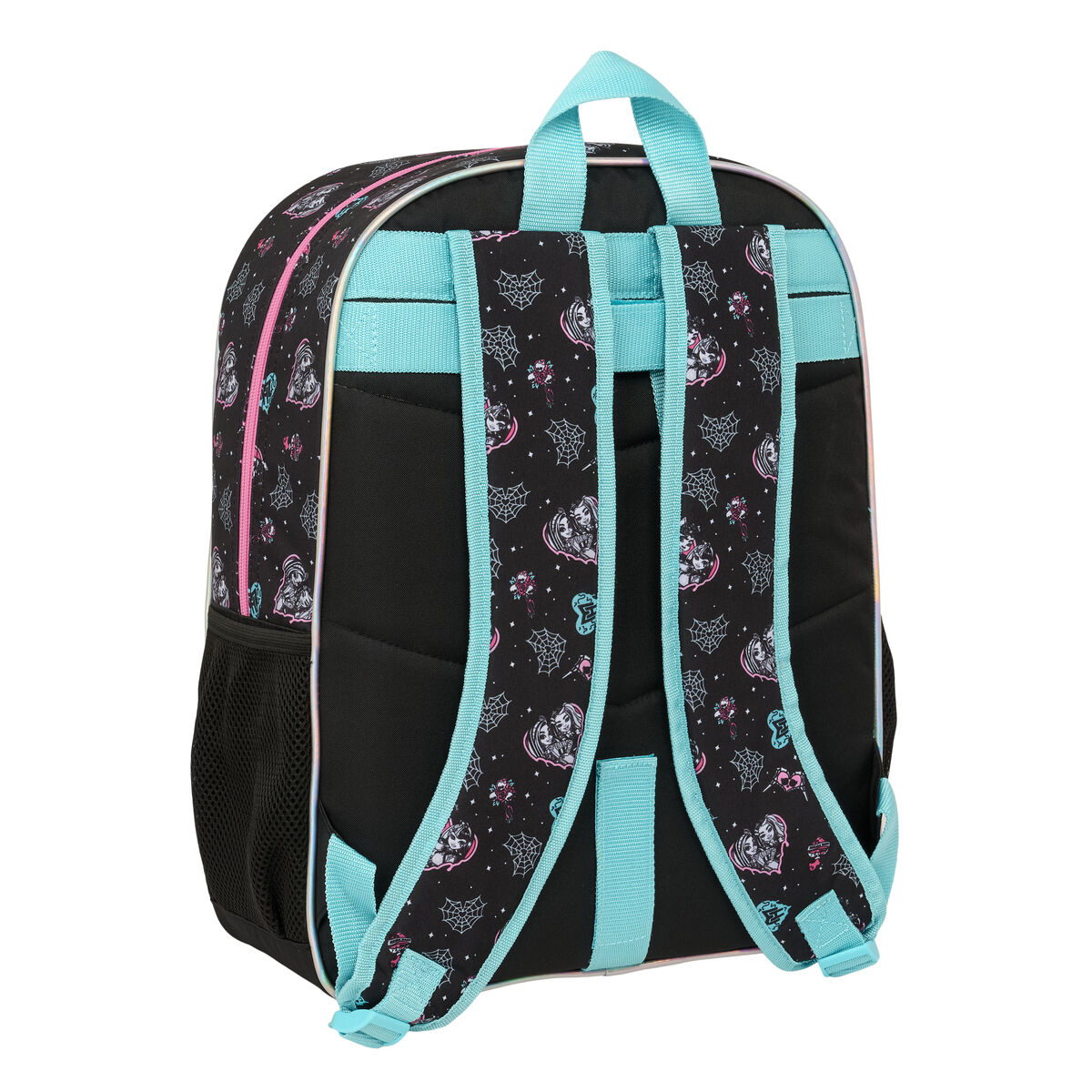 Schwarzer Rucksack mit Monster-Motiv, Spinnennetzen und hellblauen Trägern.