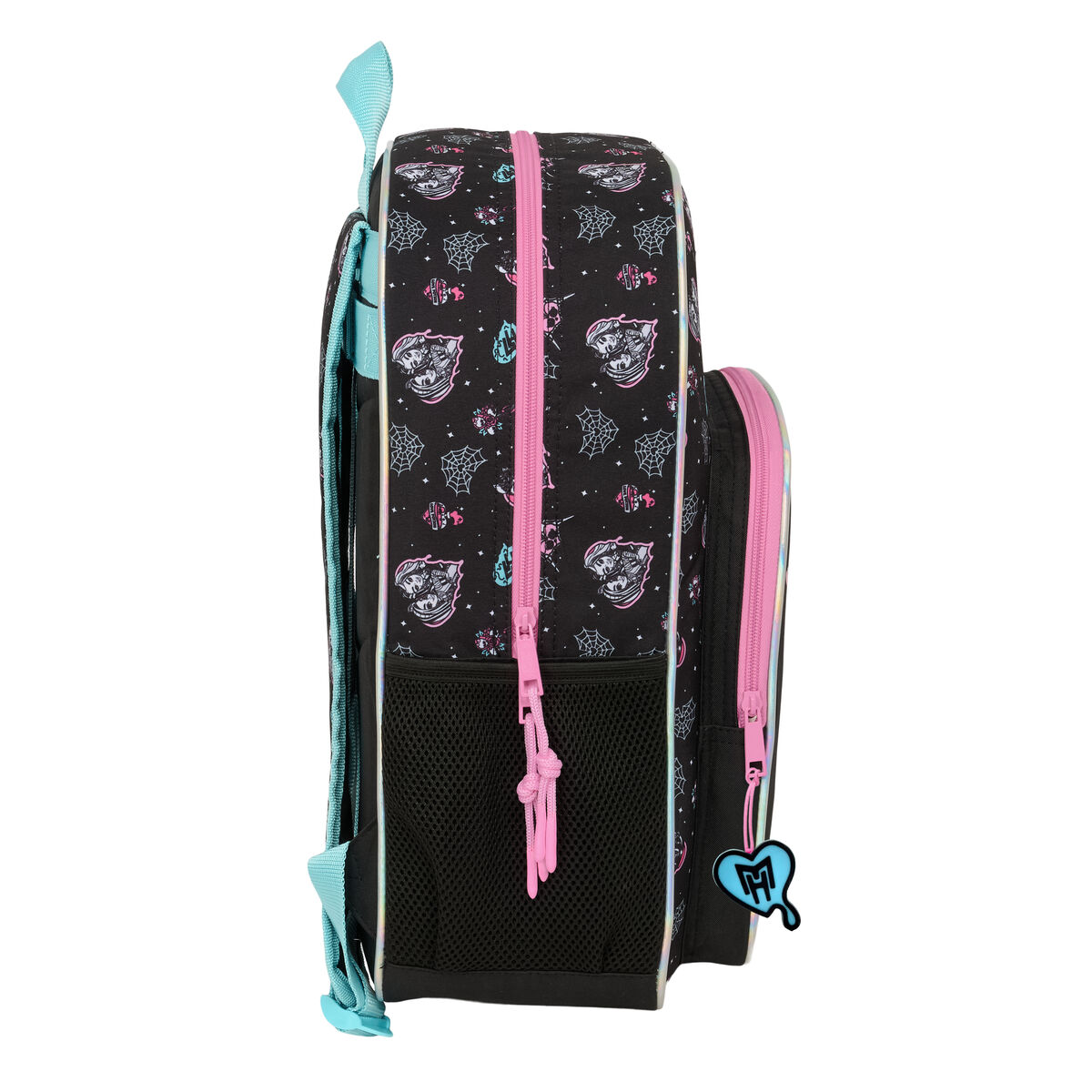 Schwarzer Rucksack mit Monster-Motiv, pinken Reißverschlüssen und Netzfächern.