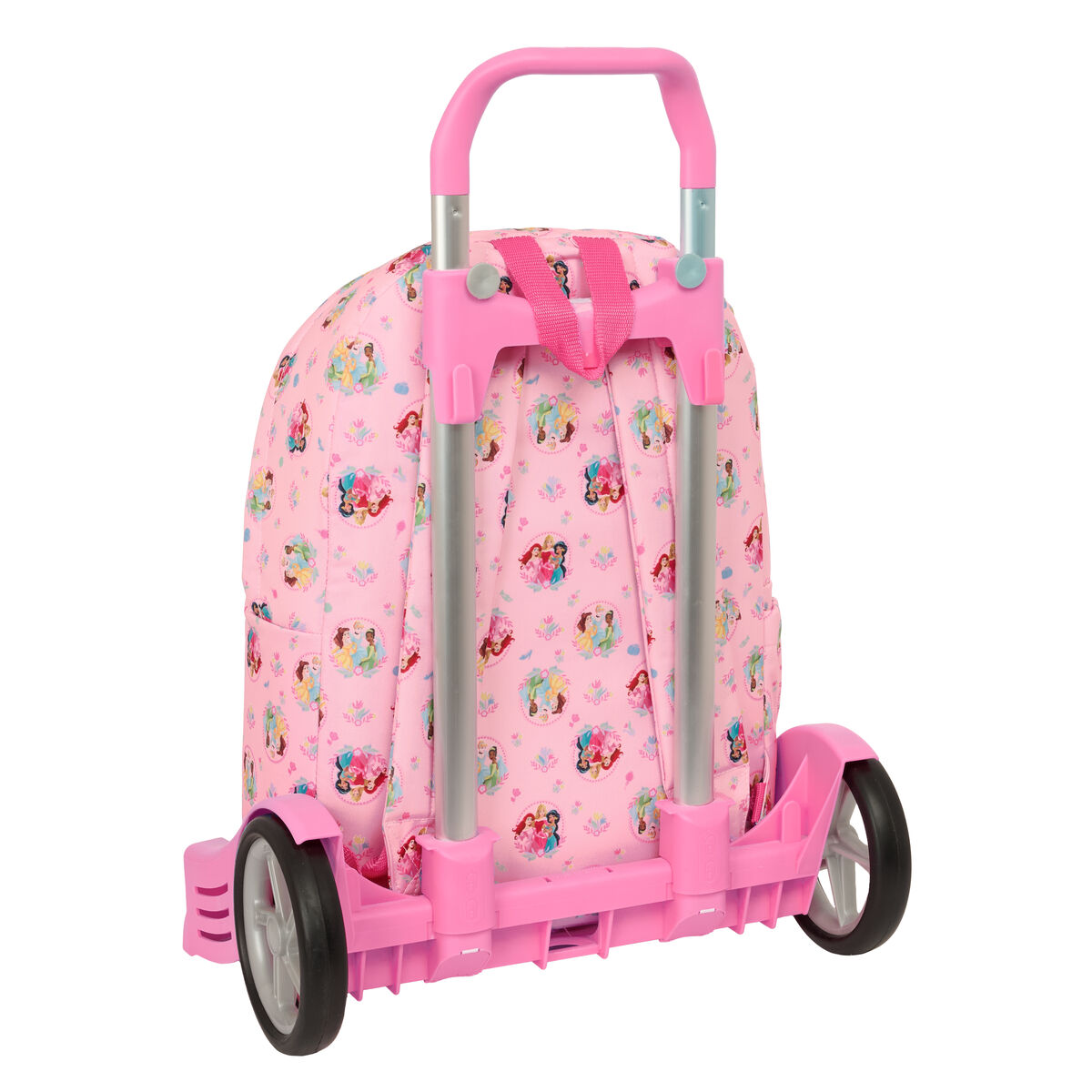 Ein rosafarbener Rollkoffer mit Prinzessinnen-Muster und ausziehbarem Griff.