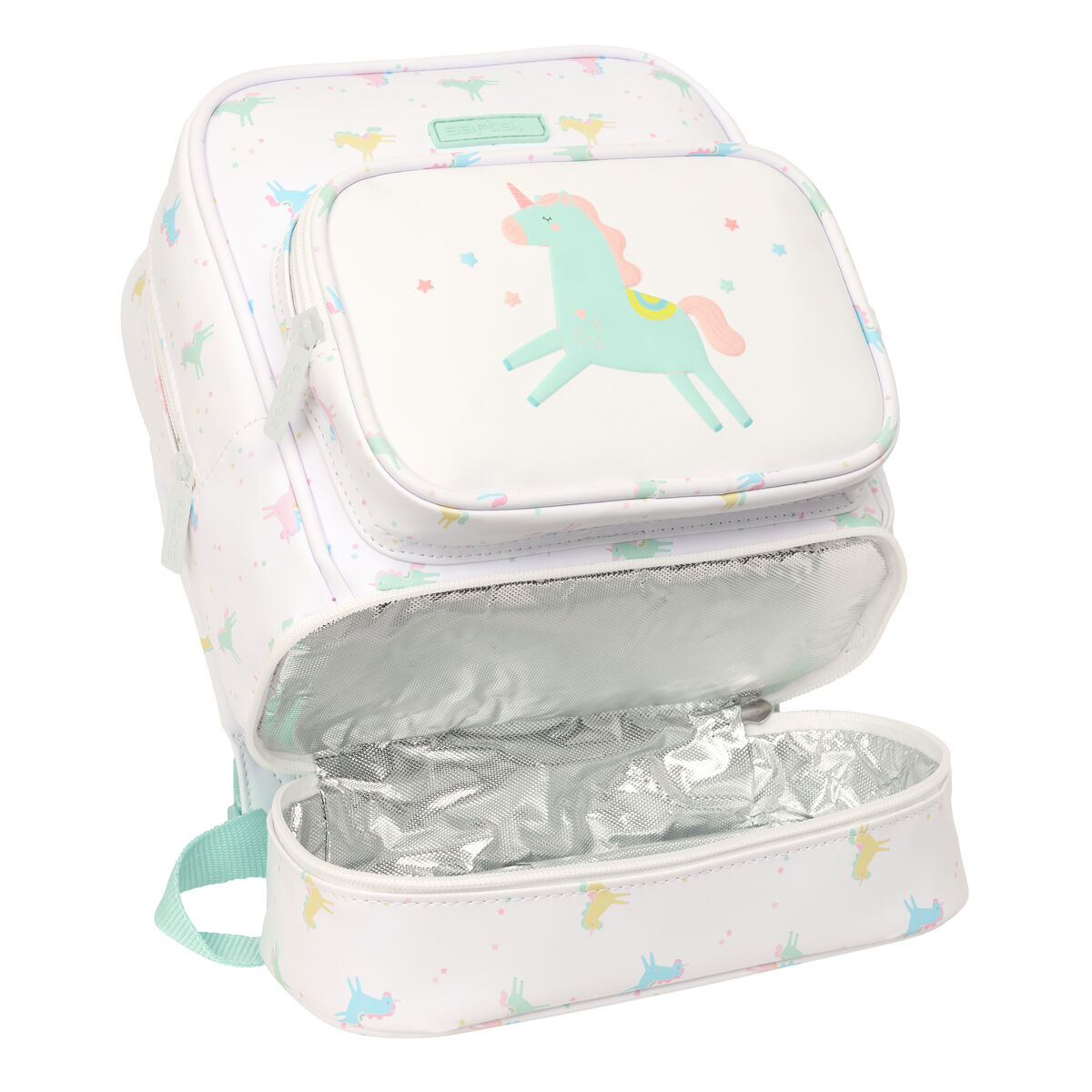 Ein weißer Rucksack mit Einhorn-Aufdruck, oben geöffnet, um das silberne Futter zu zeigen.