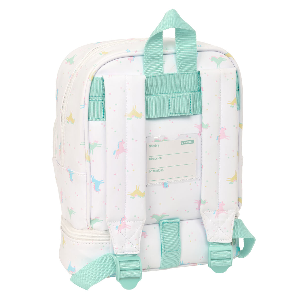 Ein weißer Rucksack mit pastellfarbenen Einhörnern und Sternen, mintgrünen Trägern.